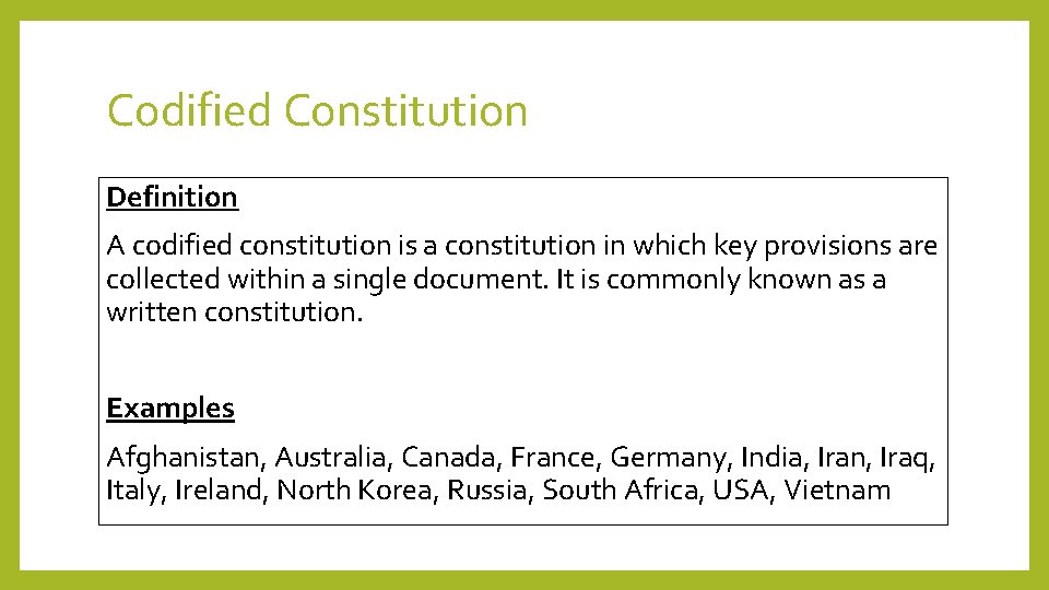 Codified Constitution Definition A codified constitution is a constitution in which key provisions are