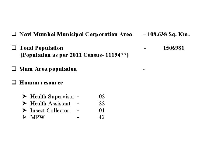 q Navi Mumbai Municipal Corporation Area – 108. 638 Sq. Km. q Total Population