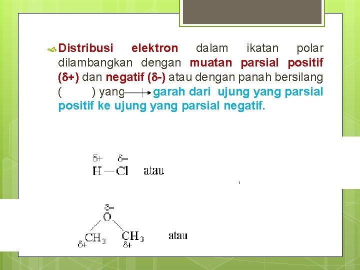  Distribusi elektron dalam ikatan polar dilambangkan dengan muatan parsial positif ( +) dan