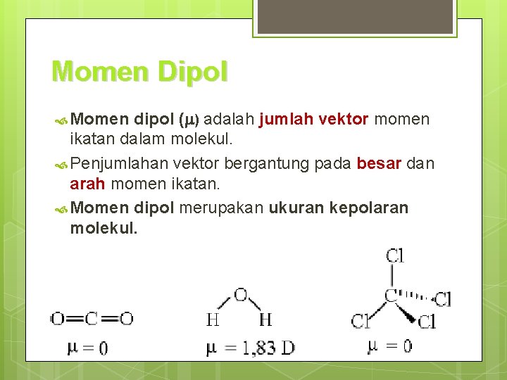 Momen Dipol Momen dipol ( ) adalah jumlah vektor momen ikatan dalam molekul. Penjumlahan