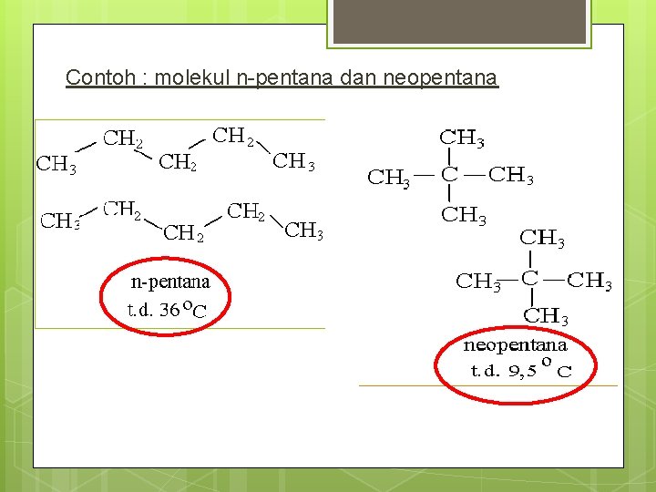 Contoh : molekul n-pentana dan neopentana 
