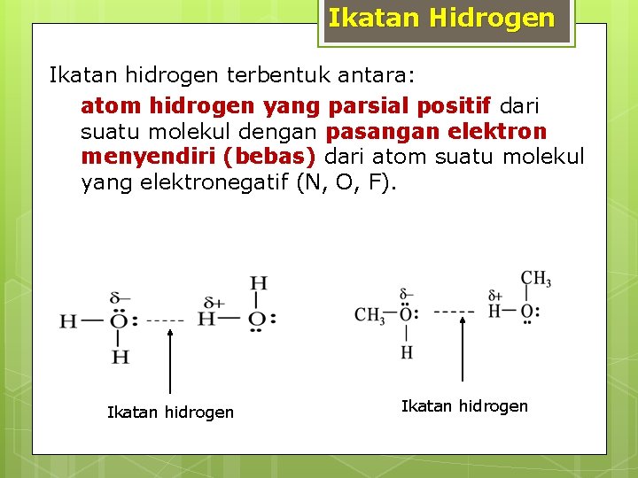 Ikatan Hidrogen Ikatan hidrogen terbentuk antara: atom hidrogen yang parsial positif dari suatu molekul