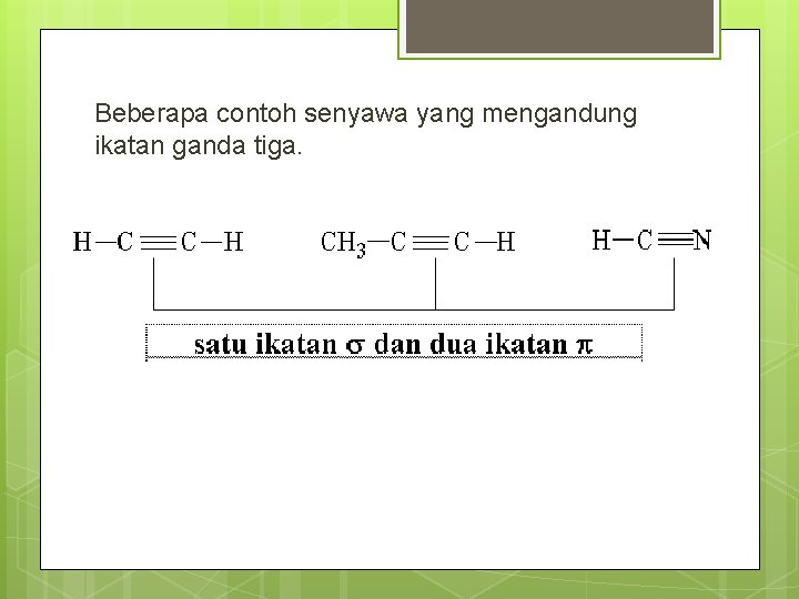 Beberapa contoh senyawa yang mengandung ikatan ganda tiga. 