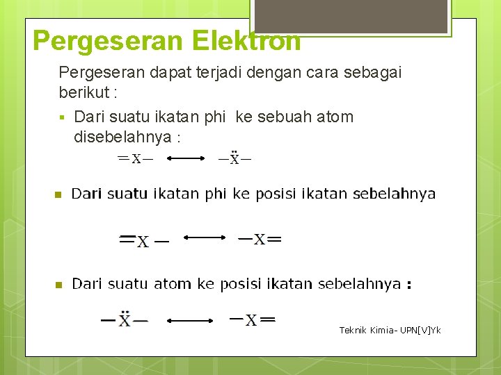 Pergeseran Elektron Pergeseran dapat terjadi dengan cara sebagai berikut : § Dari suatu ikatan