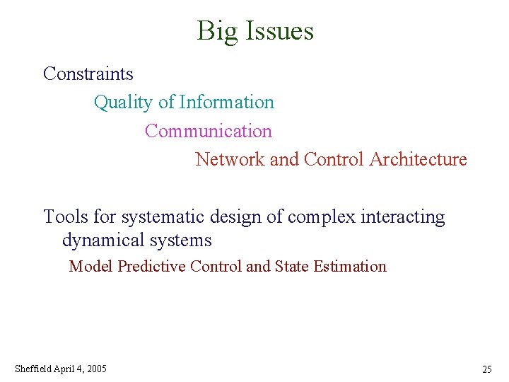 Big Issues Constraints Quality of Information Communication Network and Control Architecture Tools for systematic