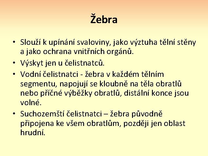 Žebra • Slouží k upínání svaloviny, jako výztuha tělní stěny a jako ochrana vnitřních