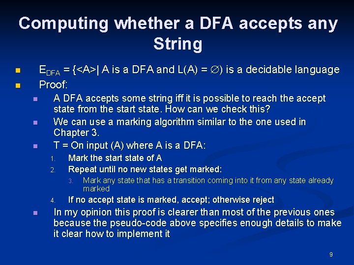 Computing whether a DFA accepts any String EDFA = {<A>| A is a DFA
