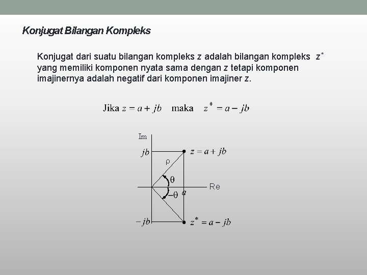 Konjugat Bilangan Kompleks Konjugat dari suatu bilangan kompleks z adalah bilangan kompleks z* yang