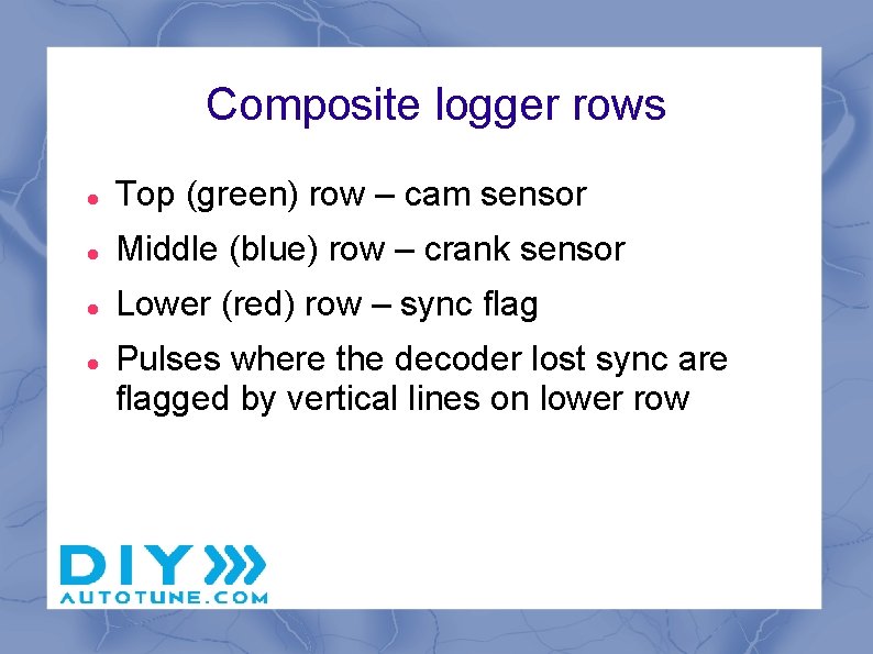 Composite logger rows Top (green) row – cam sensor Middle (blue) row – crank