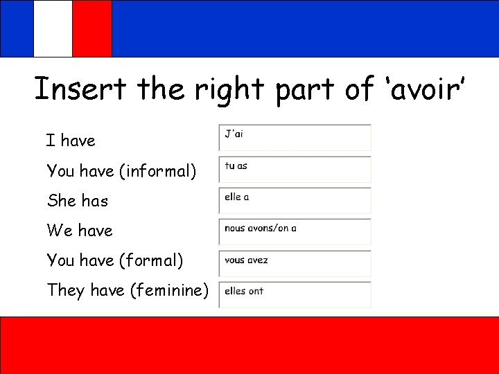 Insert the right part of ‘avoir’ I have You have (informal) She has We