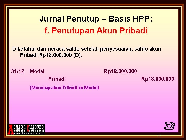 Jurnal Penutup – Basis HPP: f. Penutupan Akun Pribadi Diketahui dari neraca saldo setelah