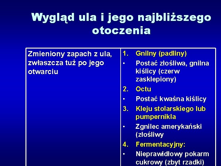 Wygląd ula i jego najbliższego otoczenia Zmieniony zapach z ula, zwłaszcza tuż po jego