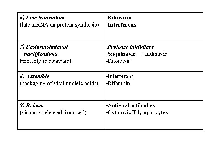 6) Late translation (late m. RNA an protein synthesis) Ribavirin Interferons 7) Posttranslational modifications