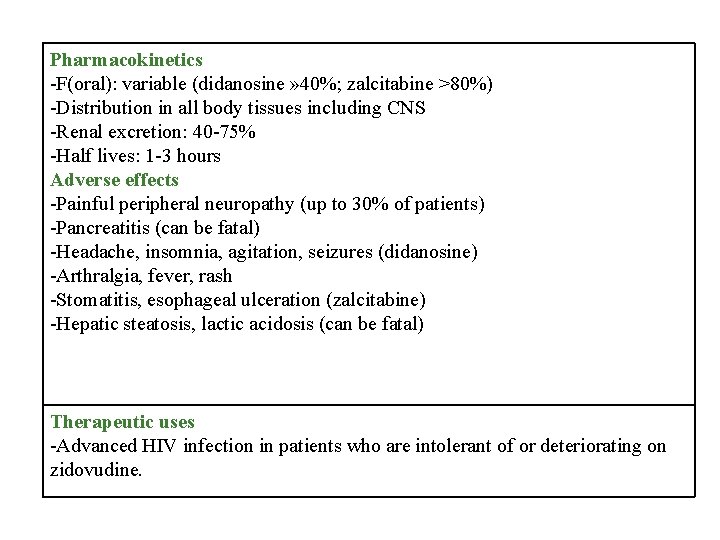 Pharmacokinetics -F(oral): variable (didanosine » 40%; zalcitabine >80%) -Distribution in all body tissues including