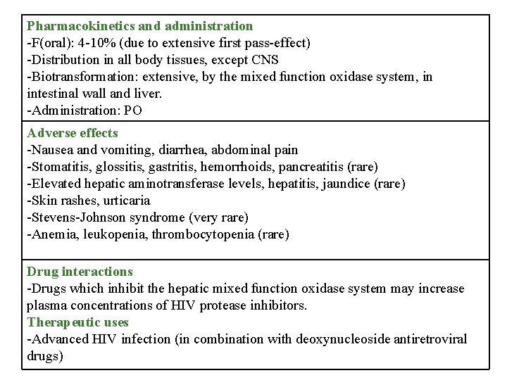 Pharmacokinetics and administration -F(oral): 4 -10% (due to extensive first pass-effect) -Distribution in all