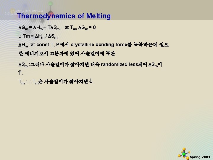 Thermodynamics of Melting Gm = Hm T Sm at Tm, Gm = 0 Tm