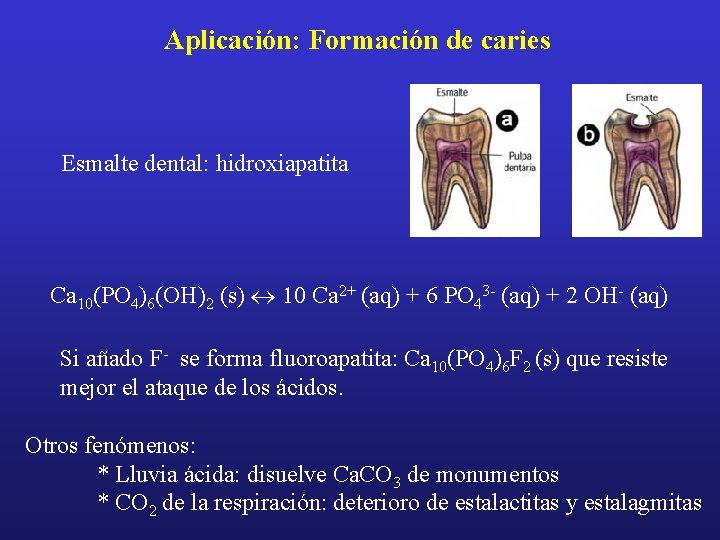 Aplicación: Formación de caries Esmalte dental: hidroxiapatita Ca 10(PO 4)6(OH)2 (s) « 10 Ca