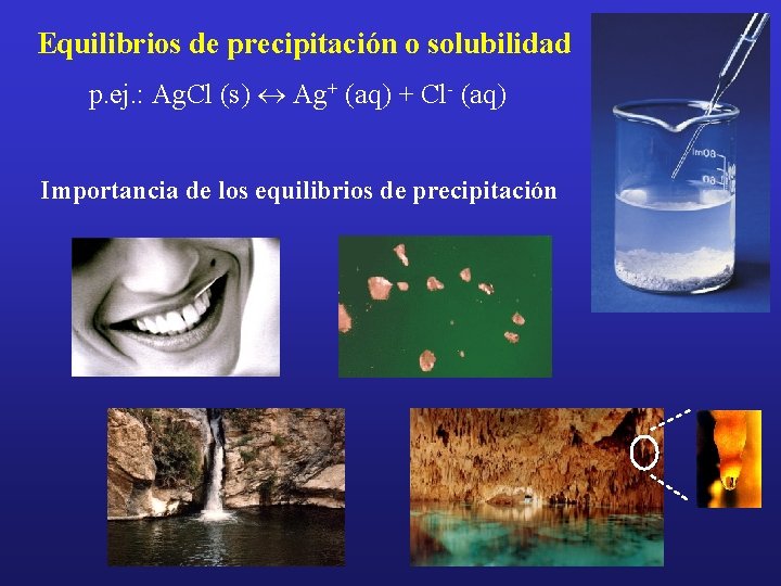 Equilibrios de precipitación o solubilidad p. ej. : Ag. Cl (s) « Ag+ (aq)