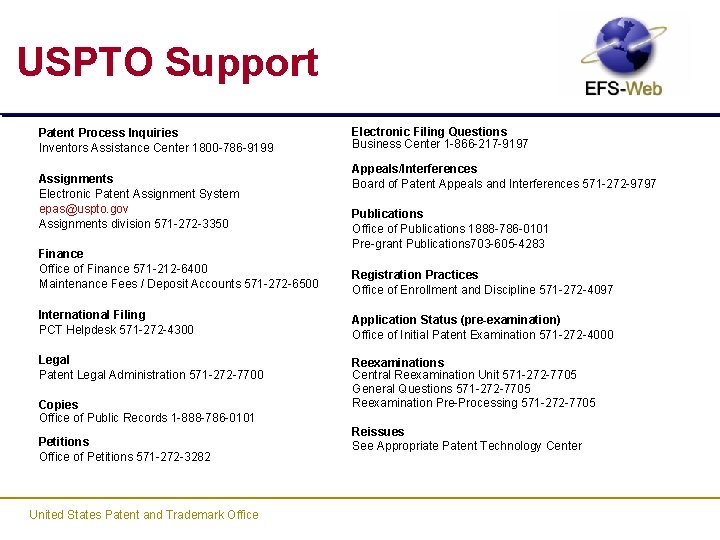 USPTO Support Patent Process Inquiries Inventors Assistance Center 1800 -786 -9199 Assignments Electronic Patent