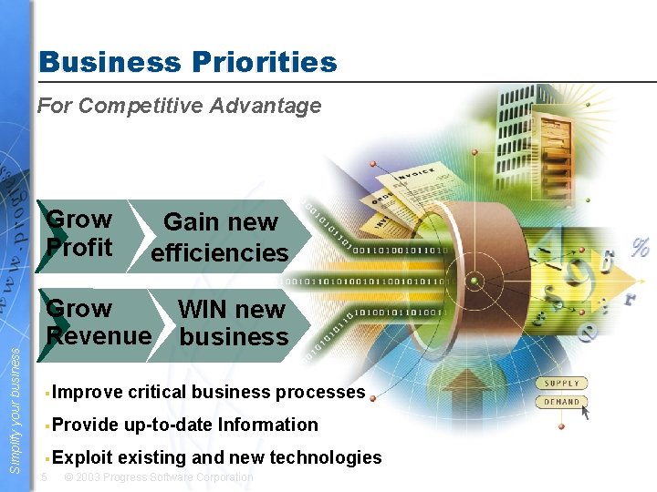 Business Priorities For Competitive Advantage Simplify your business Grow Profit Gain new efficiencies Grow