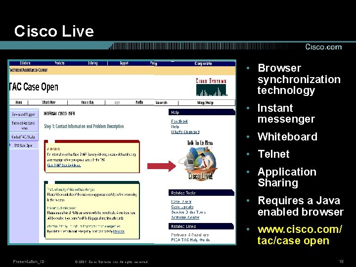 Cisco Live • Browser synchronization technology • Instant messenger • Whiteboard • Telnet •