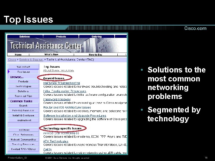 Top Issues • Solutions to the most common networking problems • Segmented by technology