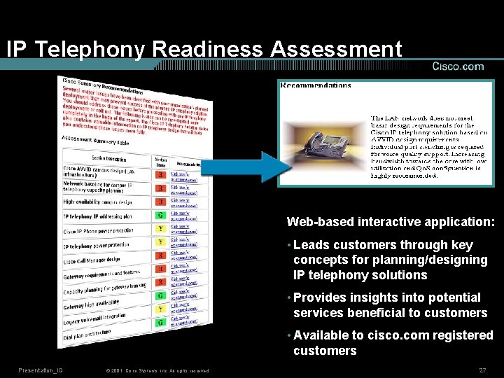 IP Telephony Readiness Assessment Web-based interactive application: • Leads customers through key concepts for