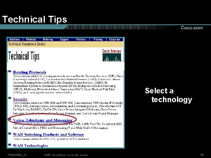 Technical Tips Select a technology Presentation_ID © 2001, Cisco Systems, Inc. All rights reserved.