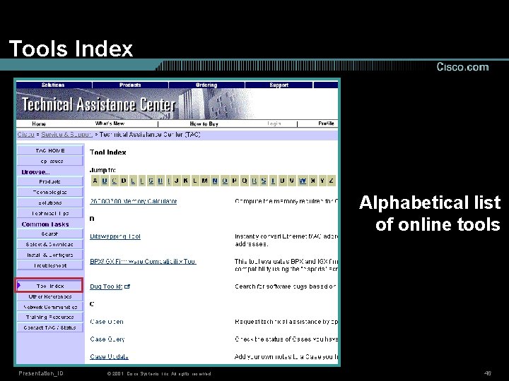 Tools Index Alphabetical list of online tools Presentation_ID © 2001, Cisco Systems, Inc. All