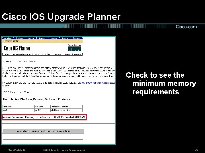 Cisco IOS Upgrade Planner Check to see the minimum memory requirements Presentation_ID © 2001,