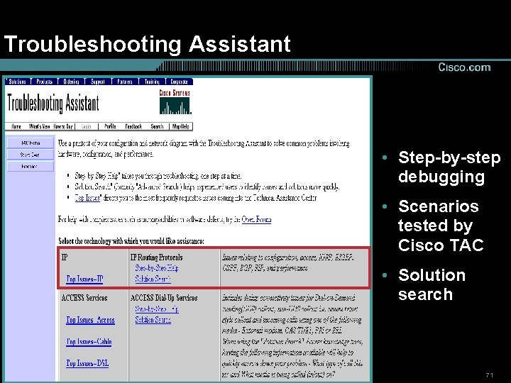 Troubleshooting Assistant • Step-by-step debugging • Scenarios tested by Cisco TAC • Solution search