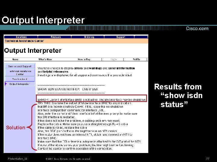 Output Interpreter Results from “show isdn status” Solution Presentation_ID © 2001, Cisco Systems, Inc.
