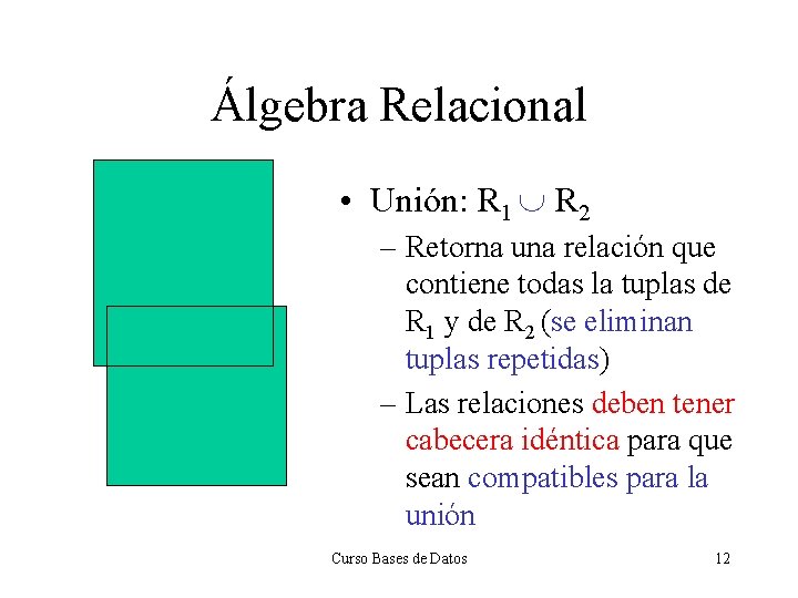 Álgebra Relacional • Unión: R 1 È R 2 – Retorna una relación que