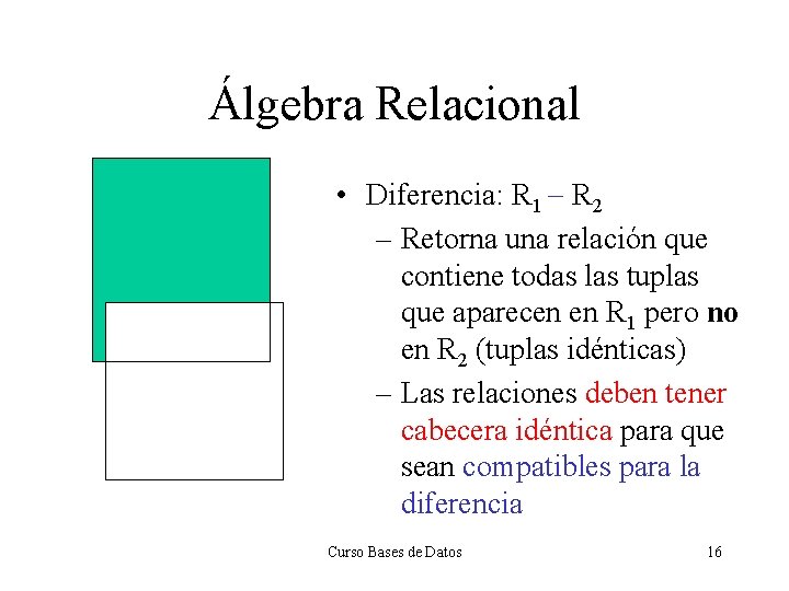 Álgebra Relacional • Diferencia: R 1 - R 2 – Retorna una relación que