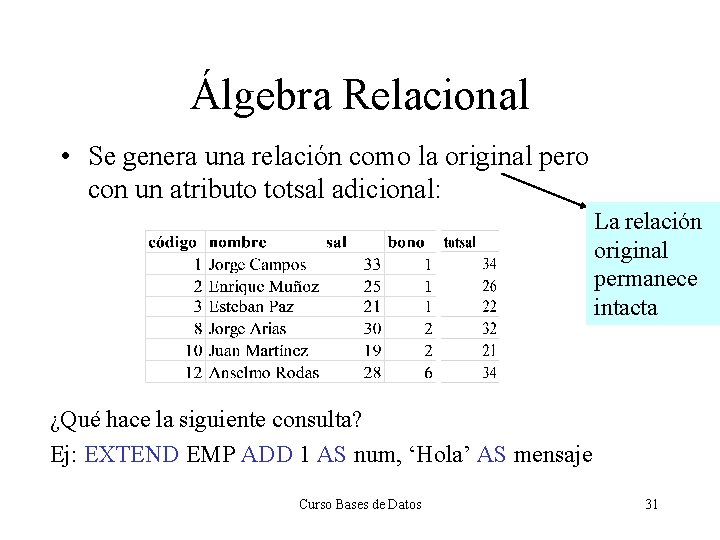 Álgebra Relacional • Se genera una relación como la original pero con un atributo