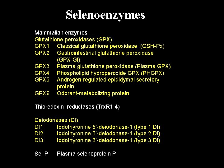 Selenoenzymes Mammalian enzymes— Glutathione peroxidases (GPX) GPX 1 Classical glutathione peroxidase (GSH-Px) GPX 2