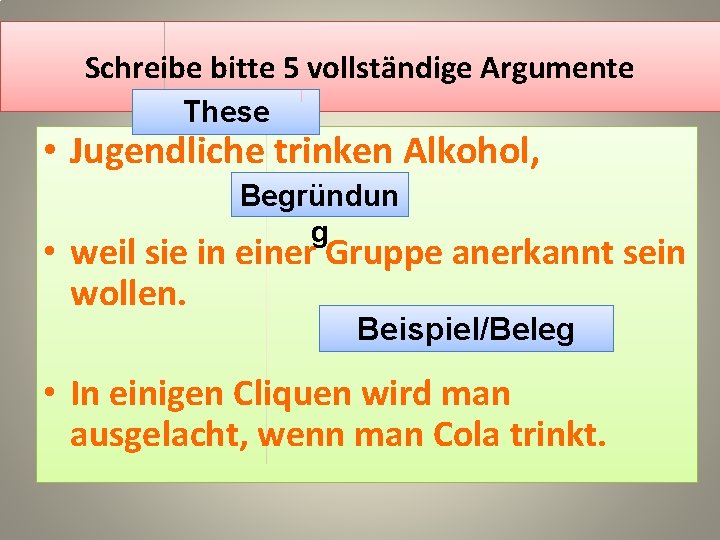 Schreibe bitte 5 vollständige Argumente These • Jugendliche trinken Alkohol, Begründun g • weil