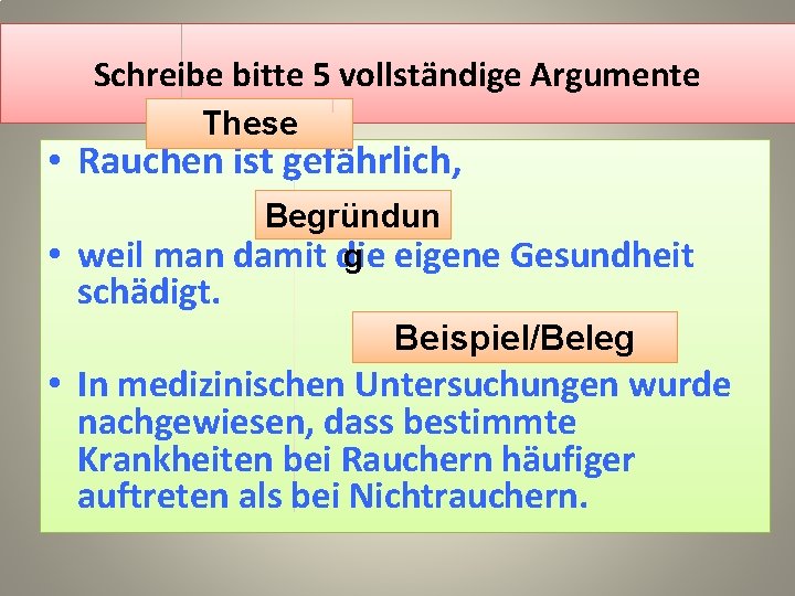 Schreibe bitte 5 vollständige Argumente These • Rauchen ist gefährlich, Begründun g eigene Gesundheit