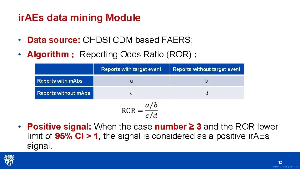 ir. AEs data mining Module • Data source: OHDSI CDM based FAERS; • Algorithm：