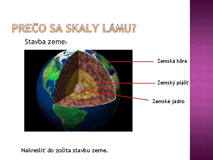 Stavba zeme: Zemská kôra Zemský plášť Zemské jadro Nakresliť do zošita stavbu zeme. 