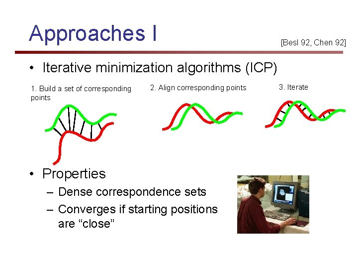 Approaches I [Besl 92, Chen 92] • Iterative minimization algorithms (ICP) 1. Build a