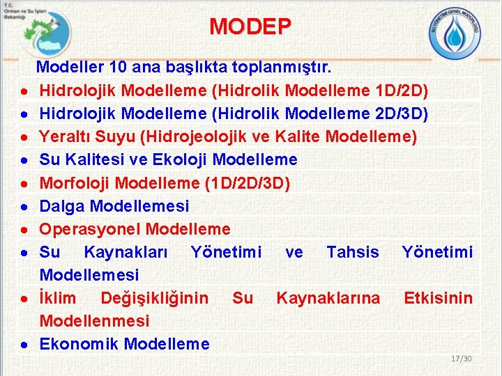 MODEP Modeller 10 ana başlıkta toplanmıştır. Hidrolojik Modelleme (Hidrolik Modelleme 1 D/2 D) Hidrolojik