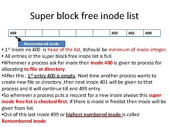 Super block free inode list 499 402 401 400 Remembered inode • 1 st