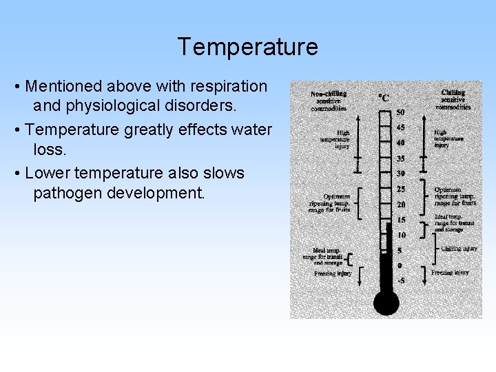 Temperature • Mentioned above with respiration and physiological disorders. • Temperature greatly effects water