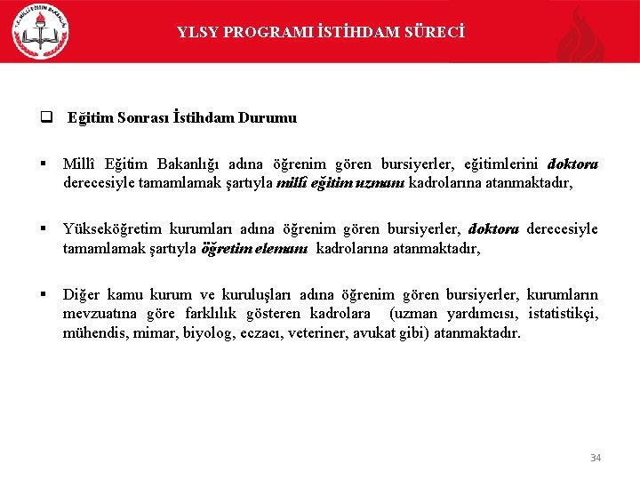 YLSY PROGRAMI İSTİHDAM SÜRECİ q Eğitim Sonrası İstihdam Durumu § Millî Eğitim Bakanlığı adına