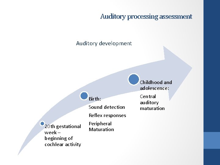 Auditory processing assessment Auditory development Birth: 20 th gestational week – beginning of cochlear