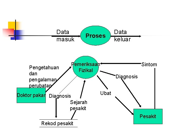 Data masuk Pengetahuan dan pengalaman perubatan Proses Data keluar Pemeriksaan Fizikal Doktor pakar Diagnosis