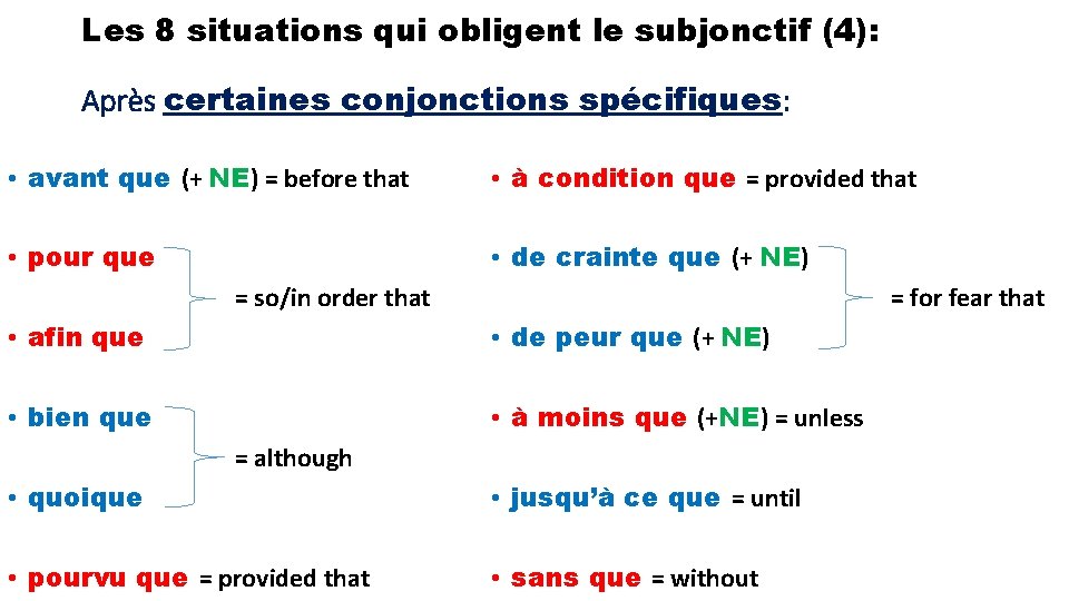 Les 8 situations qui obligent le subjonctif (4): Après certaines conjonctions spécifiques: • avant