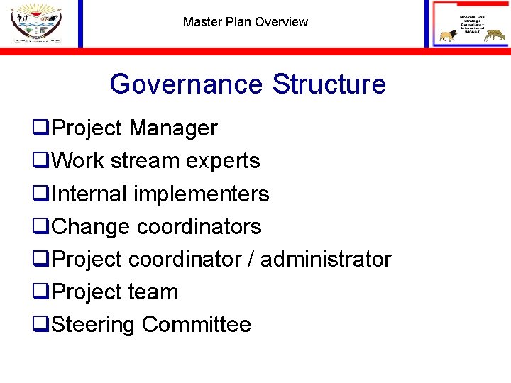 Master Plan Overview Governance Structure q. Project Manager q. Work stream experts q. Internal