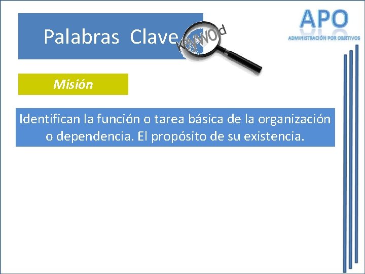 Palabras Clave Misión Identifican la función o tarea básica de la organización o dependencia. Palabras Clave Misión Identifican la función o tarea básica de la organización o dependencia.
